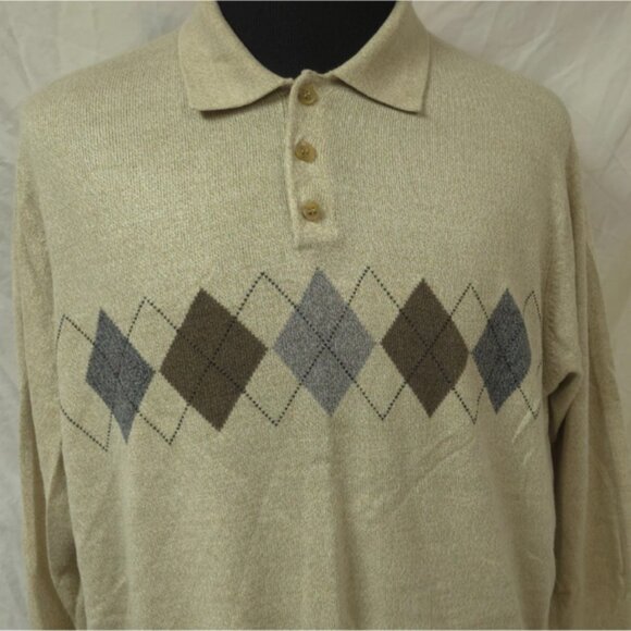 DOCKERS Mens XL Beige 1/4 Button Long Sleeve Argyle Diamonds Acrylic Sweater - Picture 2 of 11